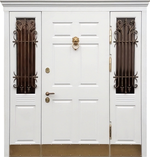 Входная остекленная группа с терморазрывом, отбойниками, ковкой и кнокером (белые панели МДФ)