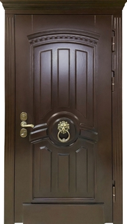 Стальная дверь с терморазрывом, карнизом и кнокером (панели МДФ шпон с резьбой) Стальная дверь с терморазрывом, карнизом и кнокером (панели МДФ шпон с резьбой)