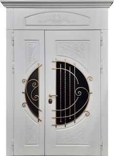 Стальная полуторная термодверь с остеклением, фрамугой, карнизом и ковкой (МДФ RAL белого цвета)