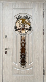 Стальная термодверь со шпонированными панелями МДФ (стекло + накладная кованая решетка)