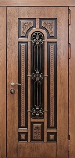 Стальная термодверь с узким стеклом и ковкой (шпонированные панели МДФ) Стальная термодверь с узким стеклом и ковкой (шпонированные панели МДФ)