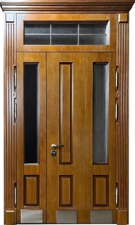 Полуторная шпонированная термодверь МДФ с остеклением, фрамугой и отбойниками Полуторная шпонированная термодверь МДФ с остеклением, фрамугой и отбойниками