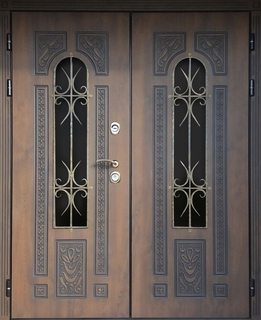 Входная двустворчатая термодверь МДФ с остеклением и решетками для дома Входная двустворчатая термодверь МДФ с остеклением и решетками для дома