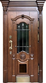 Металлическая коттеджная термодверь массив с капителями, резьбой и отбойником (ковка + стекло)