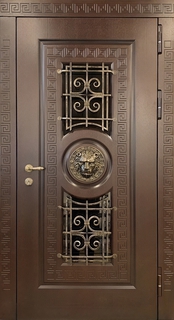 Металлическая термодверь с ковкой, двумя стеклами и чеканой «лев» (МДФ) Металлическая термодверь с ковкой, двумя стеклами и чеканой «лев» (МДФ)