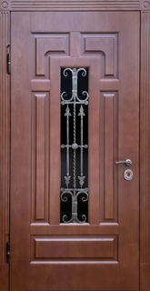 Металлическая остекленная термодверь с ковкой (панели МДФ шпон) Металлическая остекленная термодверь с ковкой (панели МДФ шпон)