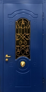 Остекленная термодверь с кованой решеткой и синими панелями МДФ RAL Остекленная термодверь с кованой решеткой и синими панелями МДФ RAL