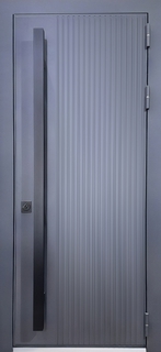 Стальная термодверь с длинной бугельной ручкой и серыми панелями МДФ RAL