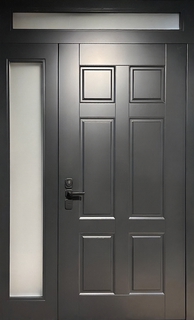 Однопольная термодверь со скрытыми петлями и остекленными вставками сбоку и сверху (МДФ RAL) Однопольная термодверь со скрытыми петлями и остекленными вставками сбоку и сверху (МДФ RAL)