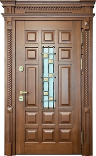 Парадная остекленная термодверь со шпонированными плитами МДФ, с ковкой, стеклом и карнизом